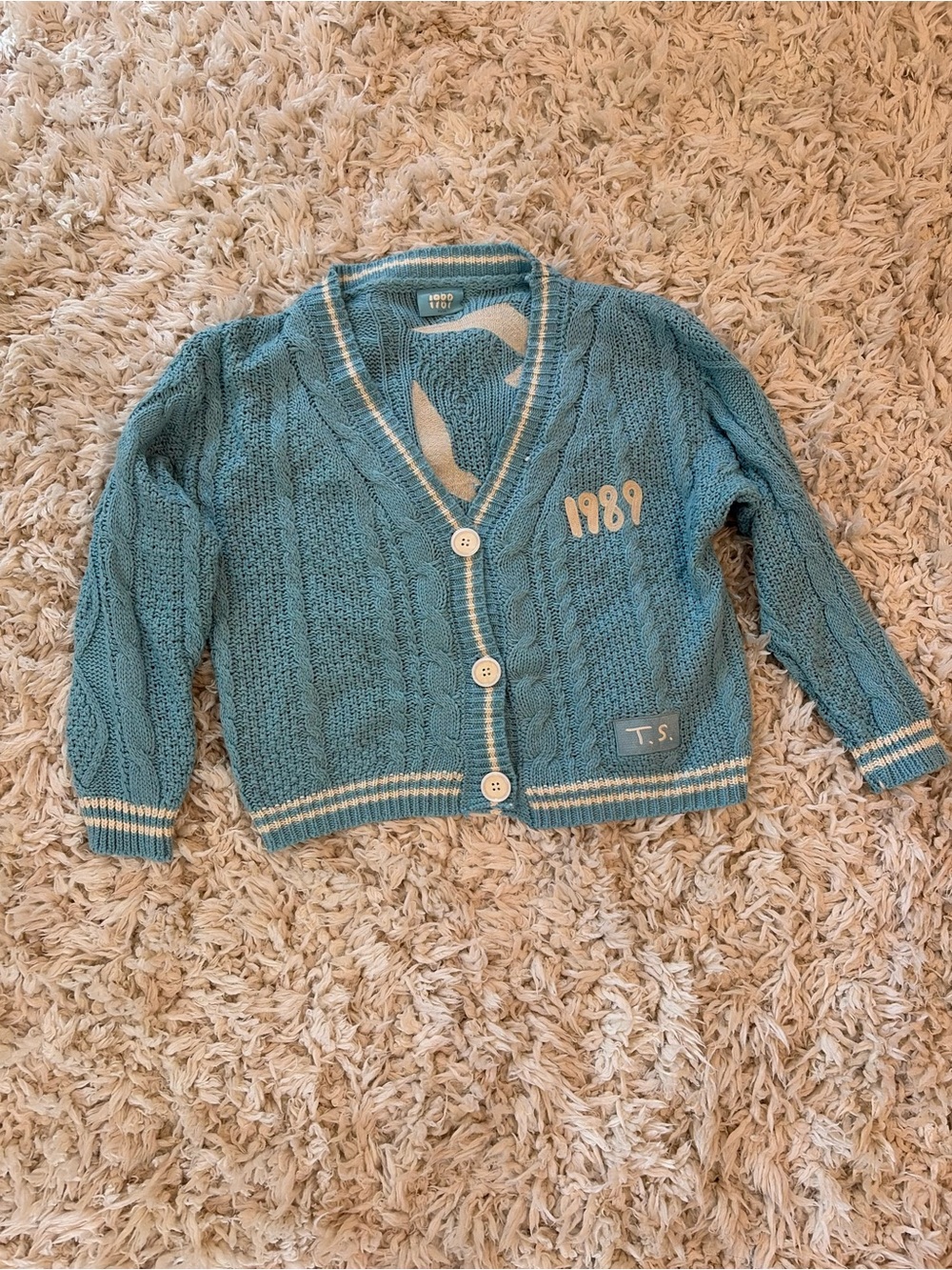 Taylor Swift Teal Cable-Knit Cardigan with White Trim